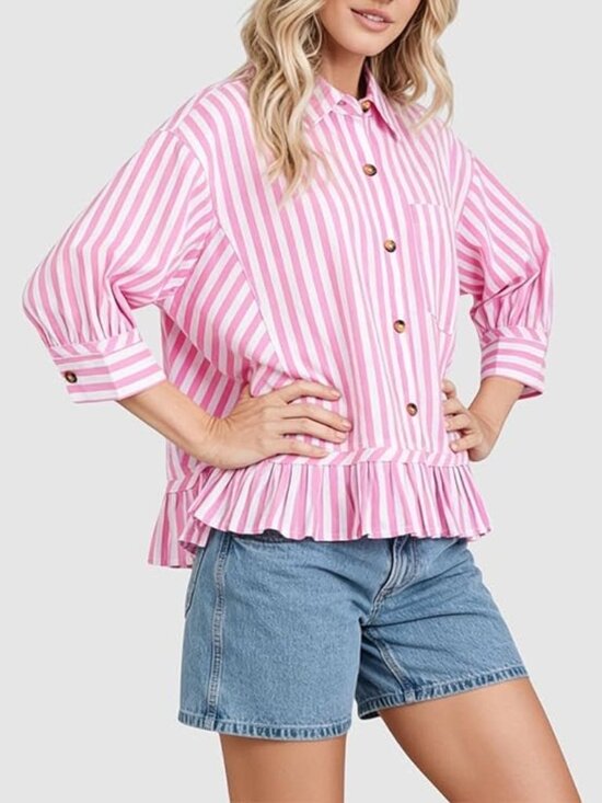 Tops - Women’s Pink Striped Ruffle Hem Blouse 3/4 Sleeve Button Down Shirt Pocket